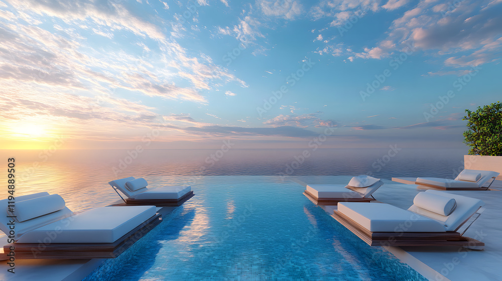 Modern infinity pool with stunning ocean view and a relaxing ambiance for vacation vibes. Modern infinity pool with stunning ocean view and a relaxing ambiance for vacation vibes.