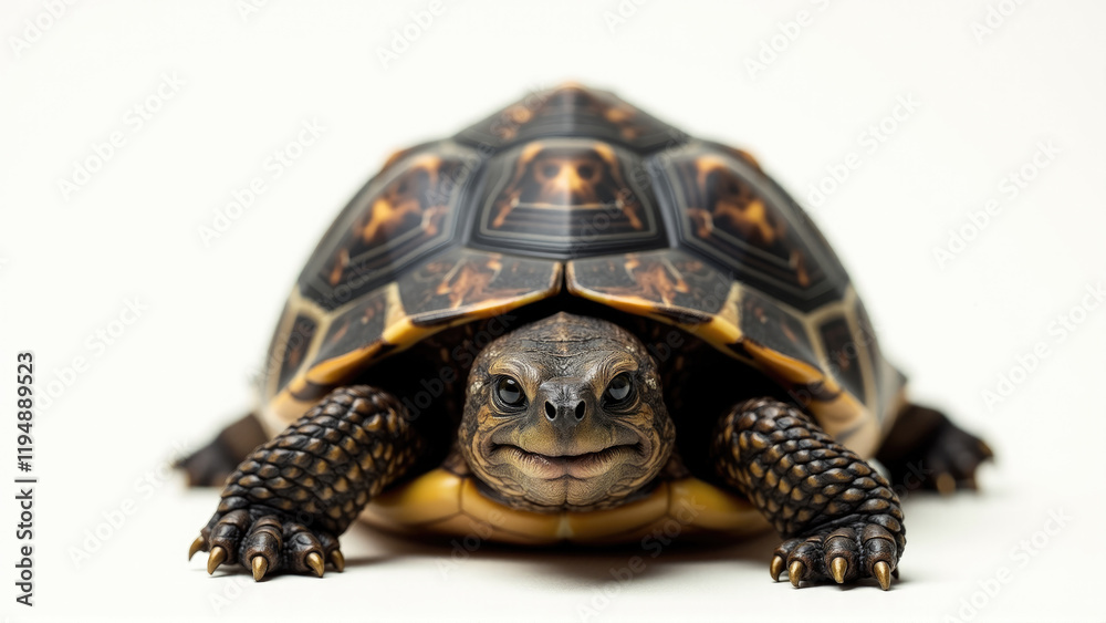 Close-up view of a tortoise showcasing its intricate shell patterns and facial features in a neutral setting Close-up view of a tortoise showcasing its intricate shell patterns and facial features in a neutral setting