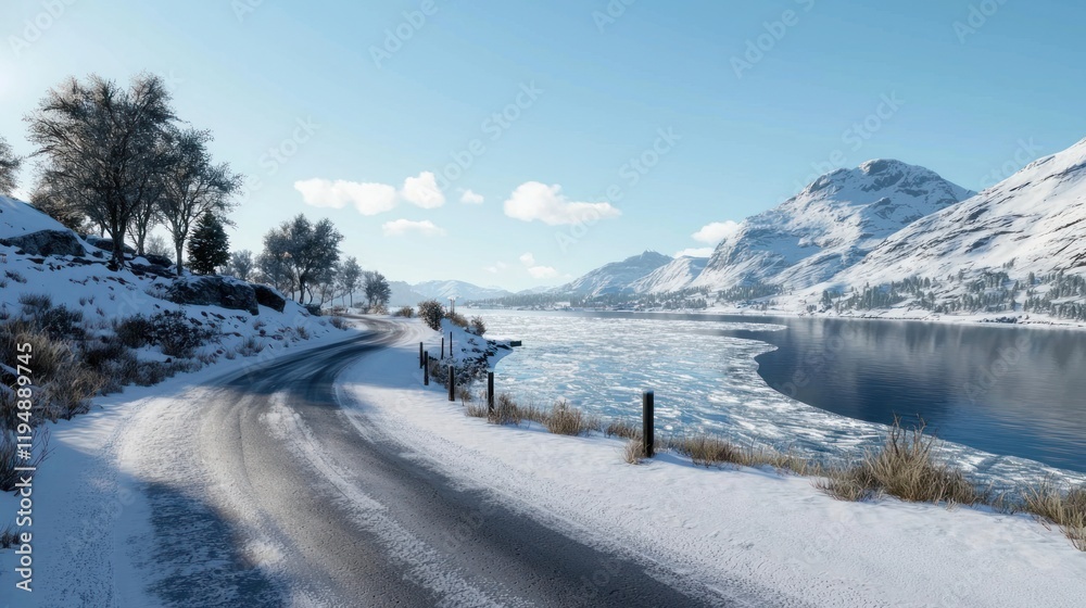 Scenic winter landscape with a winding road beside a frozen lake. Scenic winter landscape with a winding road beside a frozen lake.
