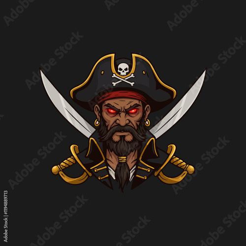 A fierce pirate captain with glowing red eyes is depicted wearing a tricorn hat and wielding crossed swords.