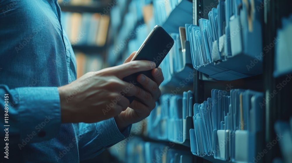 Obraz premium Focused Man Using Smartphone in Archive Room Surrounded by Organized Document Folders, Capturing Modern Technology in Traditional Workspace