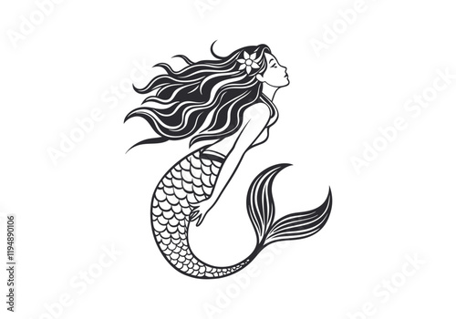 Vintage Mermaid Woodcut Engraving Style Vector Illustration with Intricate Hand-Drawn Details