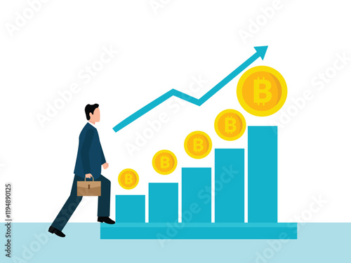 Businessman holding bag and walking on growing bitcoin trading graph. Funding and making investments for bitcoin, Digital Money, Cryptocurrency Investment Concept.