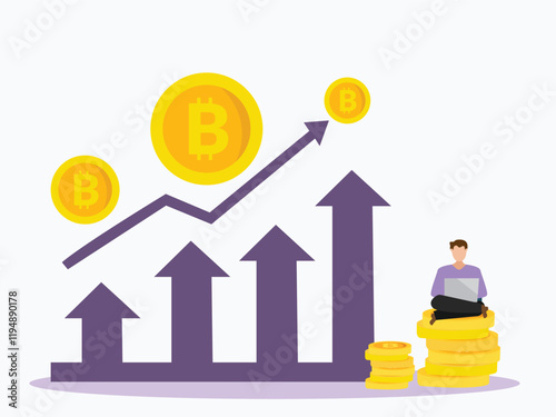 Businessman sitting on bitcoin with growing trading graph and using laptop for online funding and making investments for bitcoin, digital Money, Cryptocurrency Investment Concept.