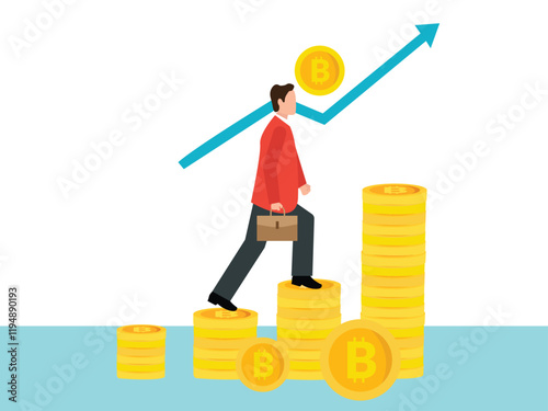 Businessman holding bag and walking on stack of bitcoin with growing trading graph. Funding and making investments for bitcoin, Digital Money, Cryptocurrency Investment Concept.