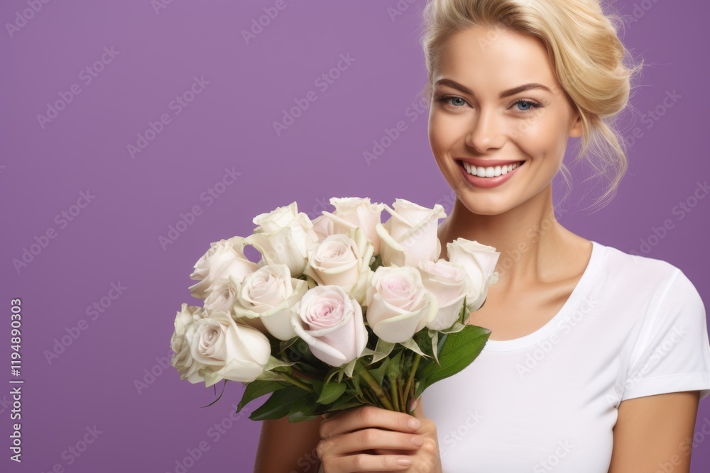 Beautiful Russian woman holding a bouquet of white rosesFictional Character Created By Generative AI Beautiful Russian woman holding a bouquet of white rosesFictional Character Created By Generative AI