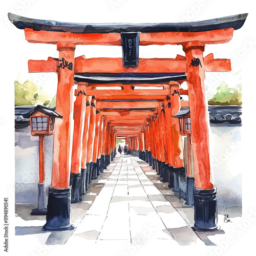 A watercolor vector of Fushimi Inari-taisha, isolated on a white background. Fushimi Inari-taisha vector.
