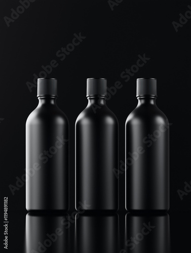 Three black matte bottles on reflective dark background photo