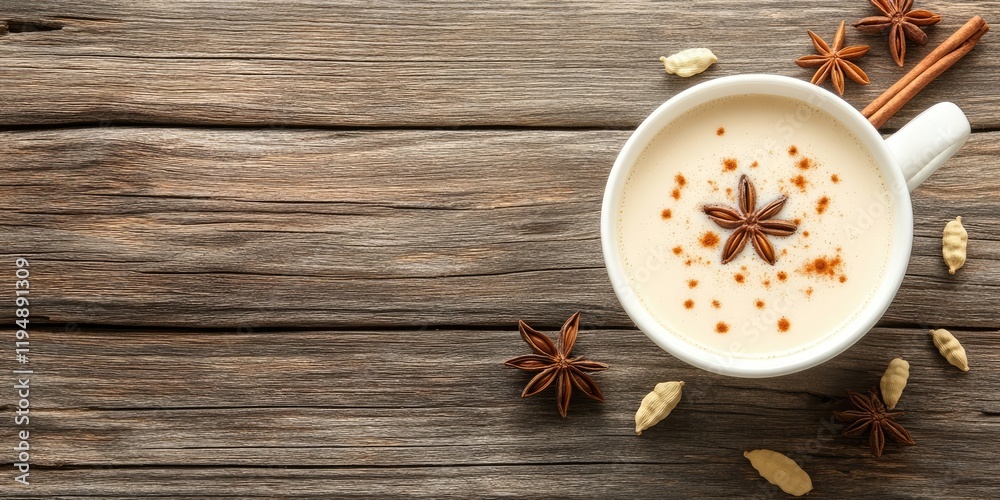 Aerial view of creamy masala tea in a white cup with star anise and cinnamon on rustic wooden background with negative space for text Aerial view of creamy masala tea in a white cup with star anise and cinnamon on rustic wooden background with negative space for text