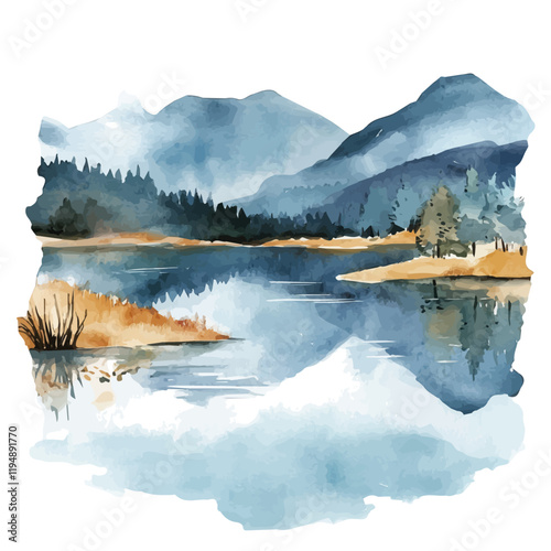 A watercolor illustration of freshwater lakes, isolated on a white background. Freshwater lakes vector.

