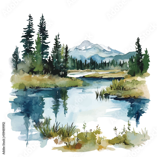 A watercolor illustration of freshwater lakes, isolated on a white background. Freshwater lakes vector.
