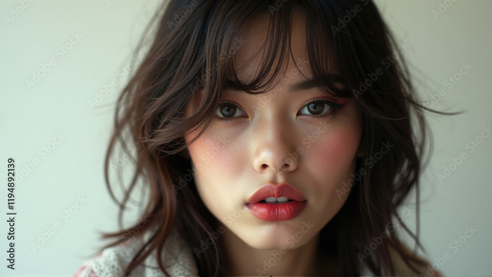 Portrait of a woman with wavy hair and bold makeup highlighting her features in a soft light setting Portrait of a woman with wavy hair and bold makeup highlighting her features in a soft light setting