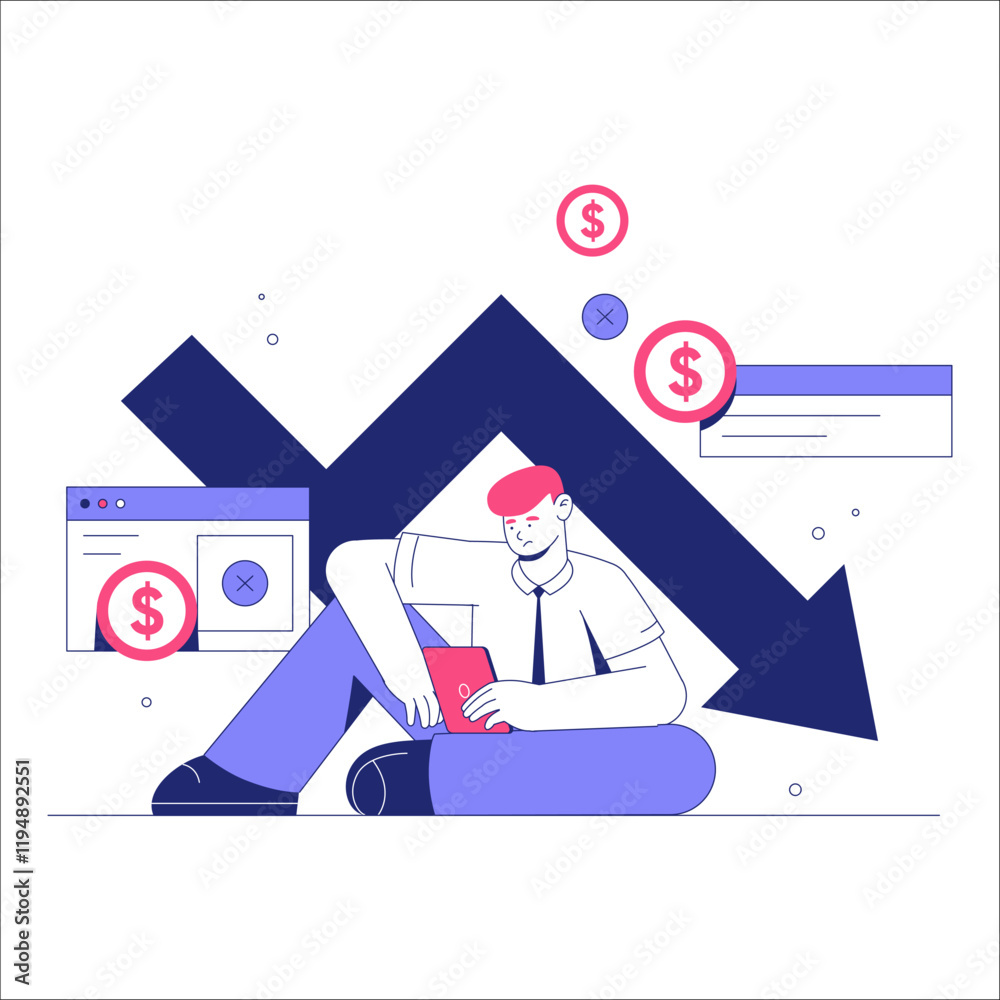 Fototapeta premium Man Sitting Under Downward Arrow Symbolizing Financial Loss, Crisis, And Economic Challenges, Flat Vector Illustration, Isolated On White Background.
