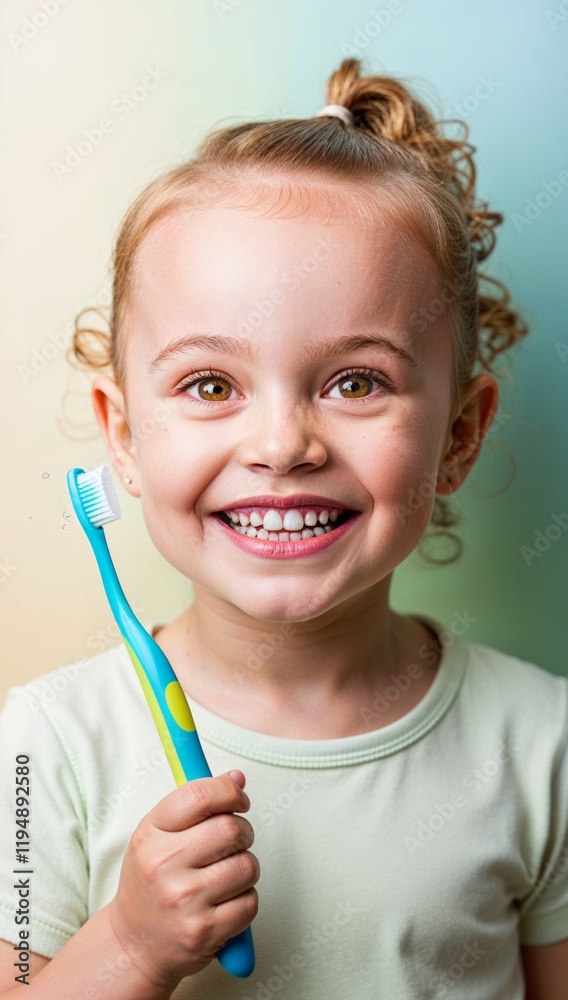 Portrait of laughing happy cheerful infant girl kid with curly blonde hair holding toothbrush, taking care of dental hygiene Portrait of laughing happy cheerful infant girl kid with curly blonde hair holding toothbrush, taking care of dental hygiene