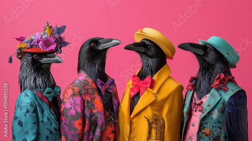 Four fashionable crows in colorful clothes on the pink background