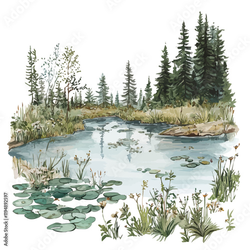 A watercolor vector of freshwater ecosystems, isolated on a white background. Freshwater ecosystems vector.
