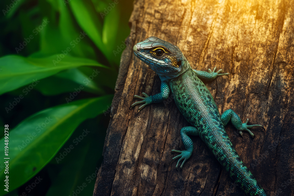 Naklejka premium Vibrant Green Lizard Crawling on Weathered Tree Bark in Lush Jungle Environment