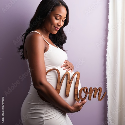 African American pregnant woman smiling and holding Mom sign against her belly