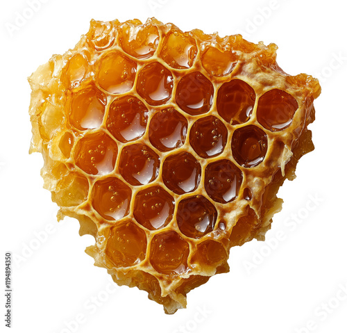 Piece of honey in honeycomb. Isolated on white and transparent background