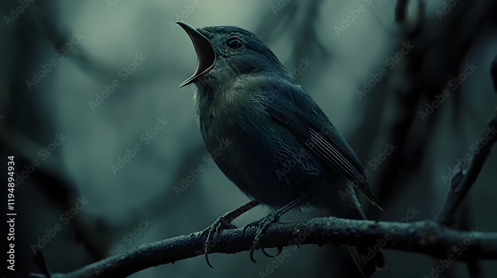 Naklejka premium Realistic Image - Bird, Branch, Open Beak, Feathers, Wildlife, Nature, Forest, Animal, Avian, Perch