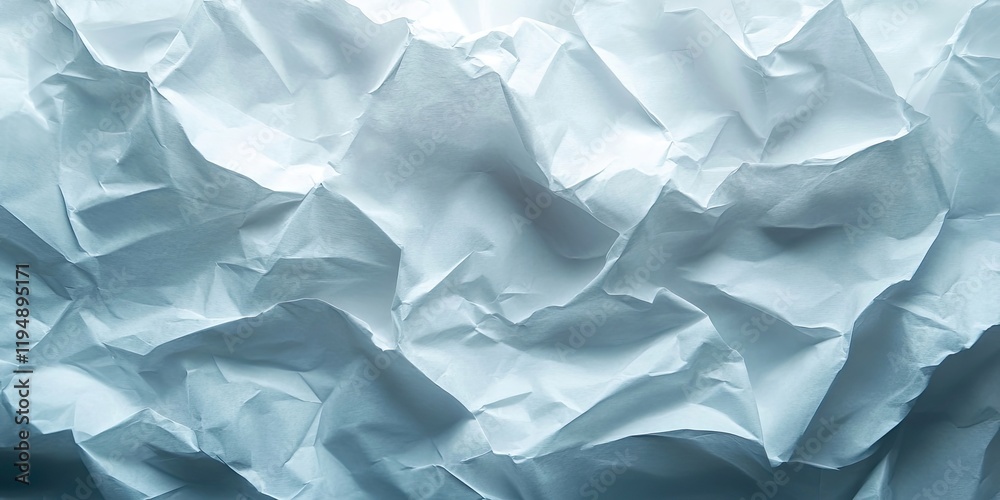 Obraz premium Crumpled white paper texture with soft blue undertones creating an abstract backdrop featuring random folds and shadows across the surface.