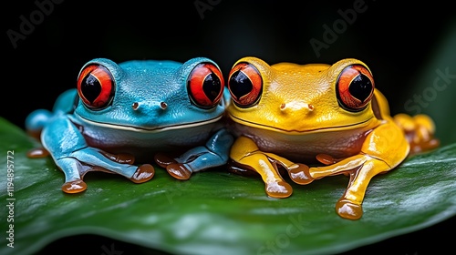 Vibrant Red-Eyed Tree Frogs: A Close-Up Portrait photo