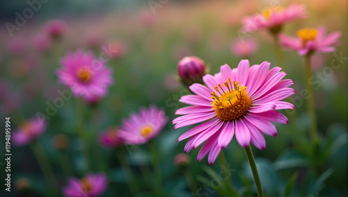 Bright pink daisies bloom in a tranquil meadow during the golden hour in spring