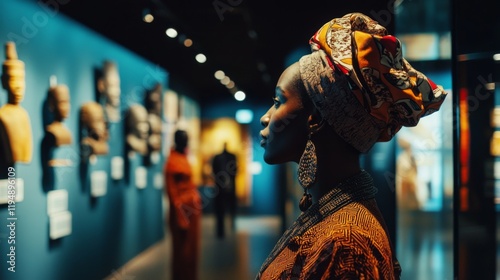 An elegant woman contemplates art in a cultural exhibition. Surrounded by historical sculptures, she embodies appreciation for heritage and history. Generative AI.