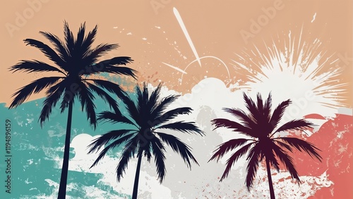 Palm treea, grunge tropical background.