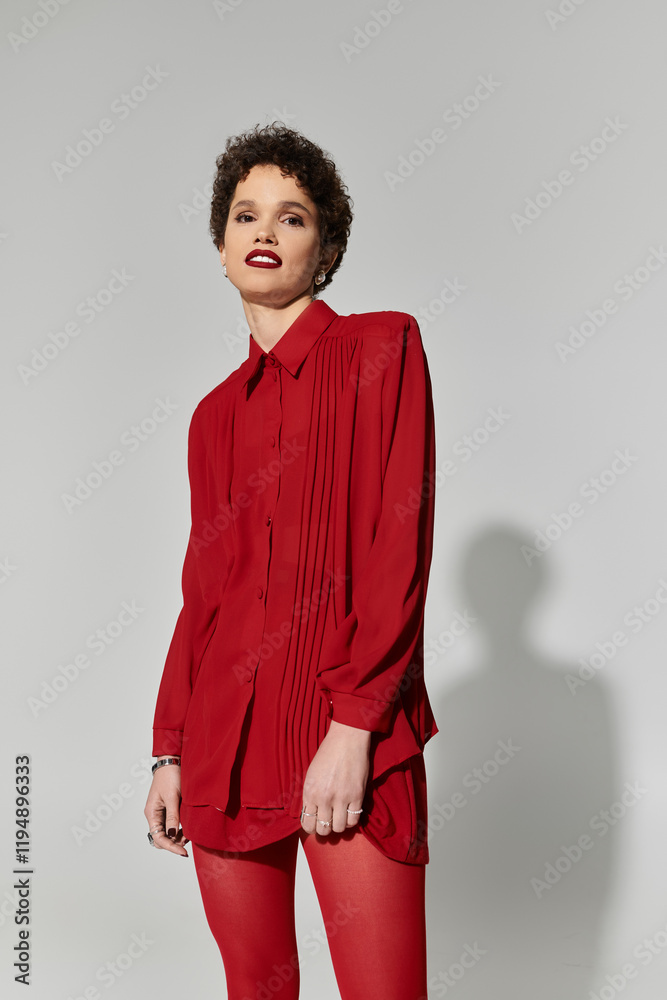 Young woman showcases bold red fashion in striking studio setting with confident pose Young woman showcases bold red fashion in striking studio setting with confident pose