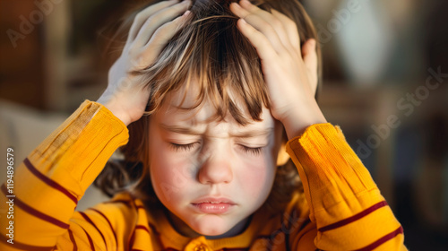 Young child experiencing a headache indoors. Generative AI image photo