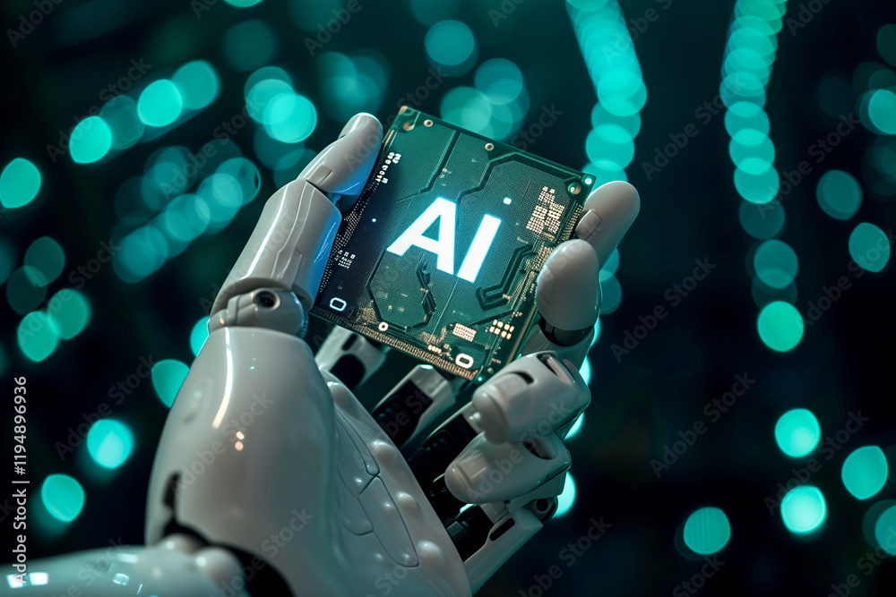 Robotic Hand Holding AI Microchip Against Bokeh Lights. Generative AI image Robotic Hand Holding AI Microchip Against Bokeh Lights. Generative AI image