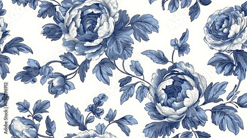 hyper realistic photo of  Elegant blue toile pattern with intricate floral Chinoiserie details, ideal for print designs