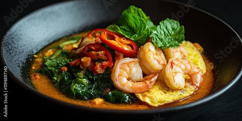Vibrant Asian cuisine featuring shrimp omelet topped with fresh herbs and slices of chili in a rich vegetable soup on a dark plate