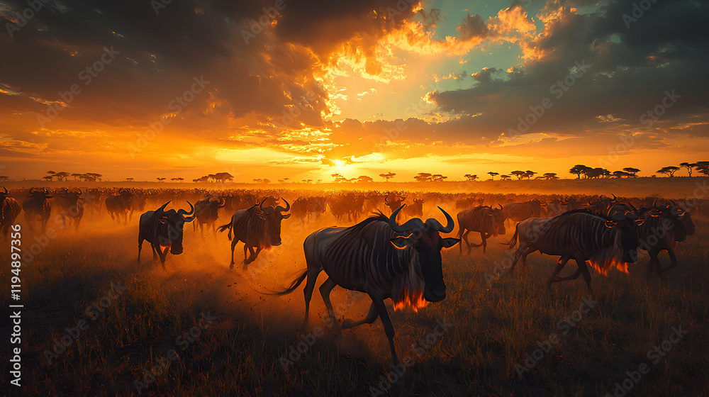 Wildebeest Migration Illustration - Sunset, Wildlife, Herd, Savannah, Africa, Animals, Dust, Grass, Running, Golden Hour Wildebeest Migration Illustration - Sunset, Wildlife, Herd, Savannah, Africa, Animals, Dust, Grass, Running, Golden Hour