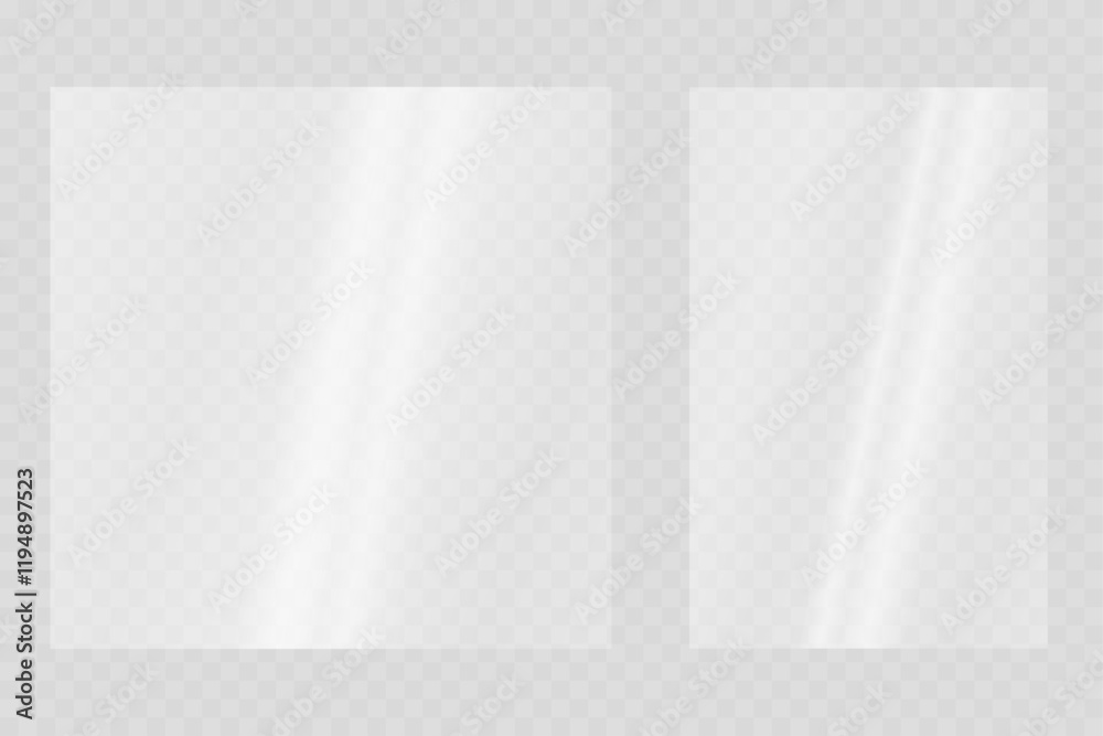 The texture of rectangle glass plate. Beautiful realistic reflection with glare from sunlight. Light effect for a picture, frame or a window.