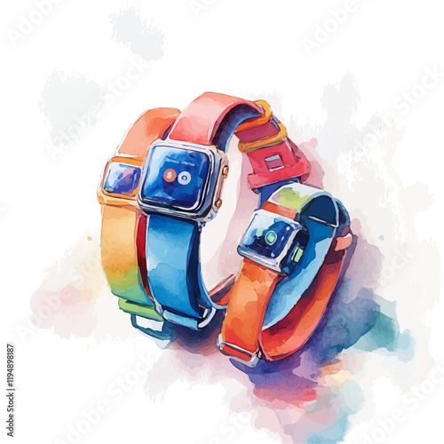 A watercolor vector of fitness trackers, isolated on a white background. Fitness trackers vector.
