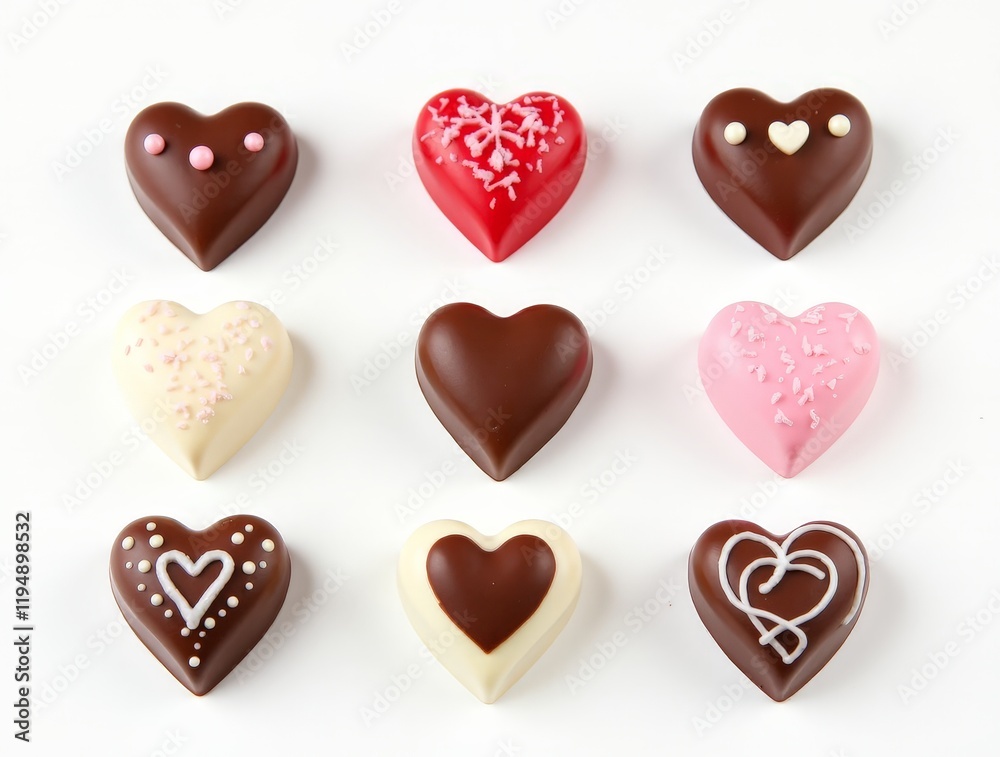Obraz premium Assorted heart-shaped chocolates arranged in a grid for Valentine's Day celebration