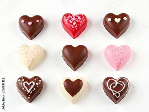 Assorted heart-shaped chocolates arranged in a grid for Valentine's Day celebration