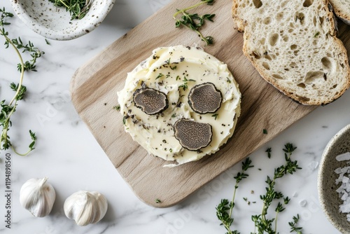 Truffle-infused delight rustic breadboard displaying gourmet ingredients kitchen setting food photography natural light culinary concepts photo