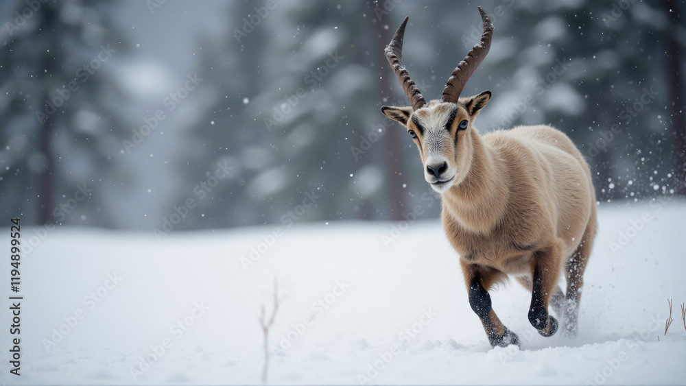Snow-covered landscape showcases a running gazelle against a backdrop of winter trees in a serene natural environment Snow-covered landscape showcases a running gazelle against a backdrop of winter trees in a serene natural environment