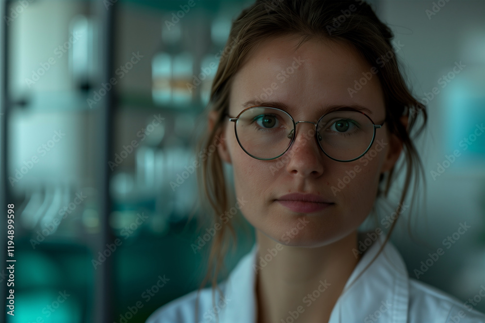Female scientist in lab looking directly at camera. Generative AI image Female scientist in lab looking directly at camera. Generative AI image