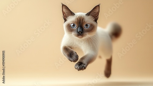 [artistic digitally altered photographs of cats in humanlike postures] Humanoid Siamese Cat in Yellow Background Walking on Hind Legs with Raised Front Leg for Comedic Effect
