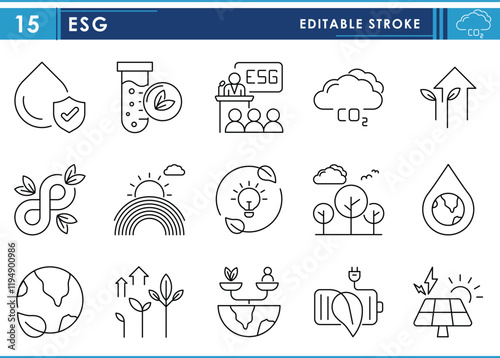A set of line icons related to ESG. Environment, green energy, nature, conservation, green, resources, earth, and so on. Vector editable stroke.