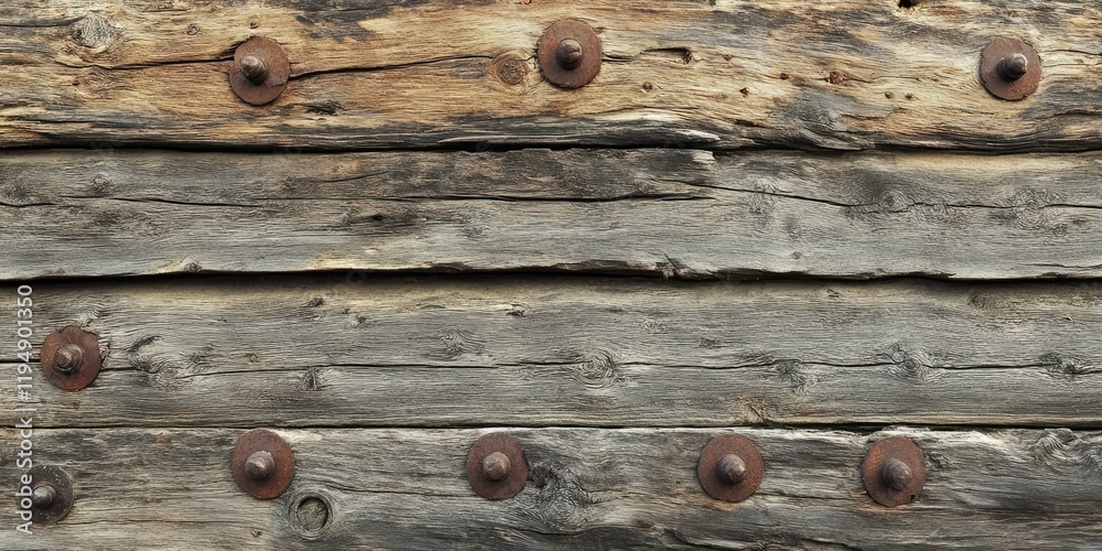 Obraz premium Textured weathered wooden plank with uneven surfaces and rusted nails, dark brown and gray tones, horizontal alignment, rustic weathered appearance.