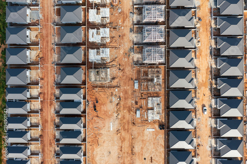 Aerial view of the residential site under construction. Building  houses.