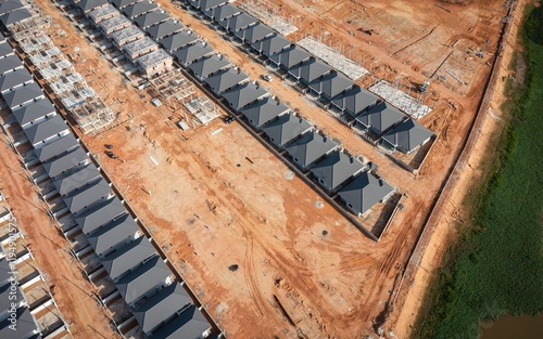 Aerial view of the residential site under construction. Building  houses.