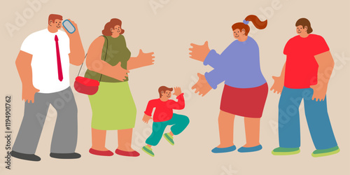 Cartoon style illustration of Two families meet and a small child between them. Love between friends. Flat style. Vector illustration.