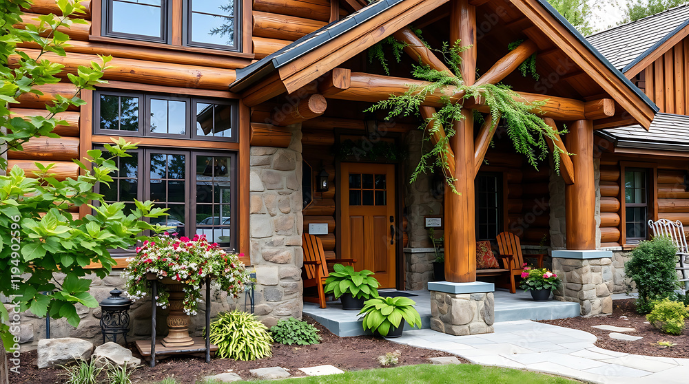 Rustic Log Cabin Home with Stone Porch and Landscaping. Cozy exterior design, perfect for nature lovers. Luxury real estate property. Rustic Log Cabin Home with Stone Porch and Landscaping. Cozy exterior design, perfect for nature lovers. Luxury real estate property.