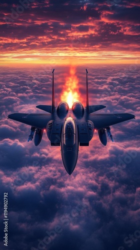 F-15 jet flying above clouds.